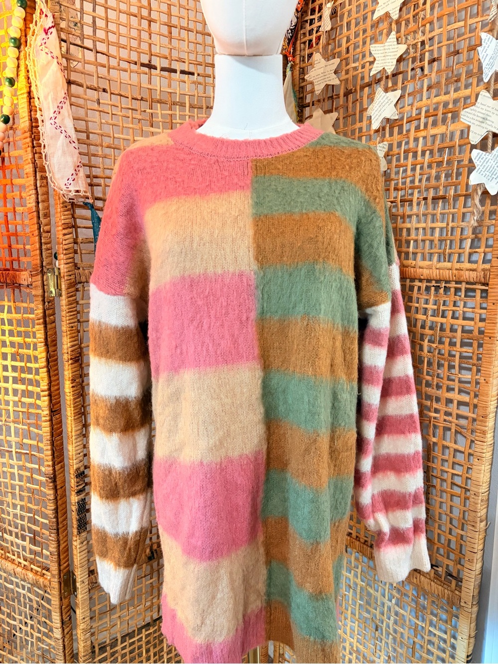 Fuzzy Colorblock Crewneck Sweater Dress in Pink, Green, Tan